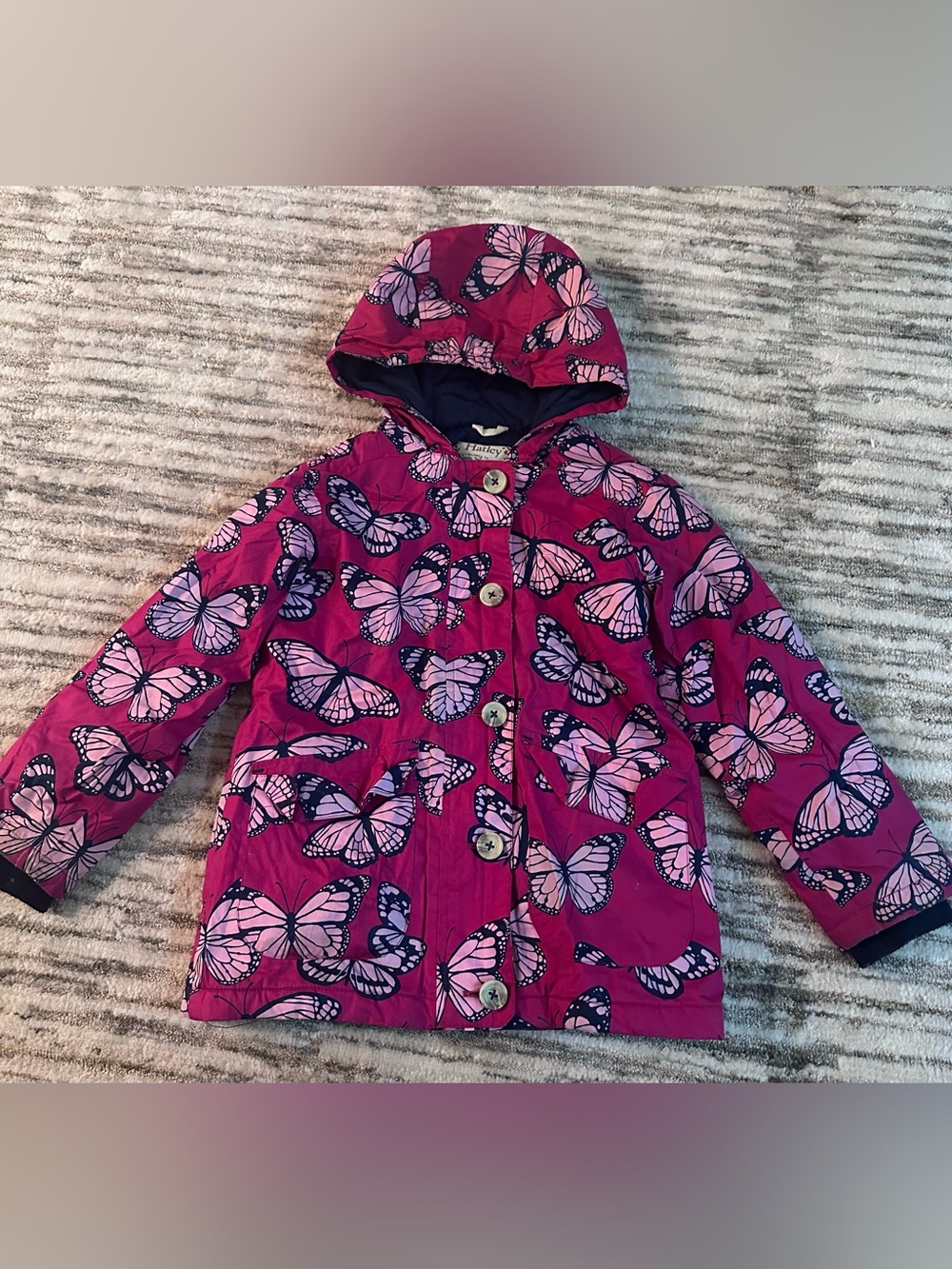 Hatley Pink & Navy Butterfly Hooded Raincoat Size 7